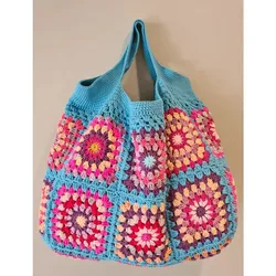 Bule Handbags Boho Hippie Square Flowers Bag for Women High-Capacity Crochet Cute Purses  Hollow Out Colorful DIY Knitting Bags