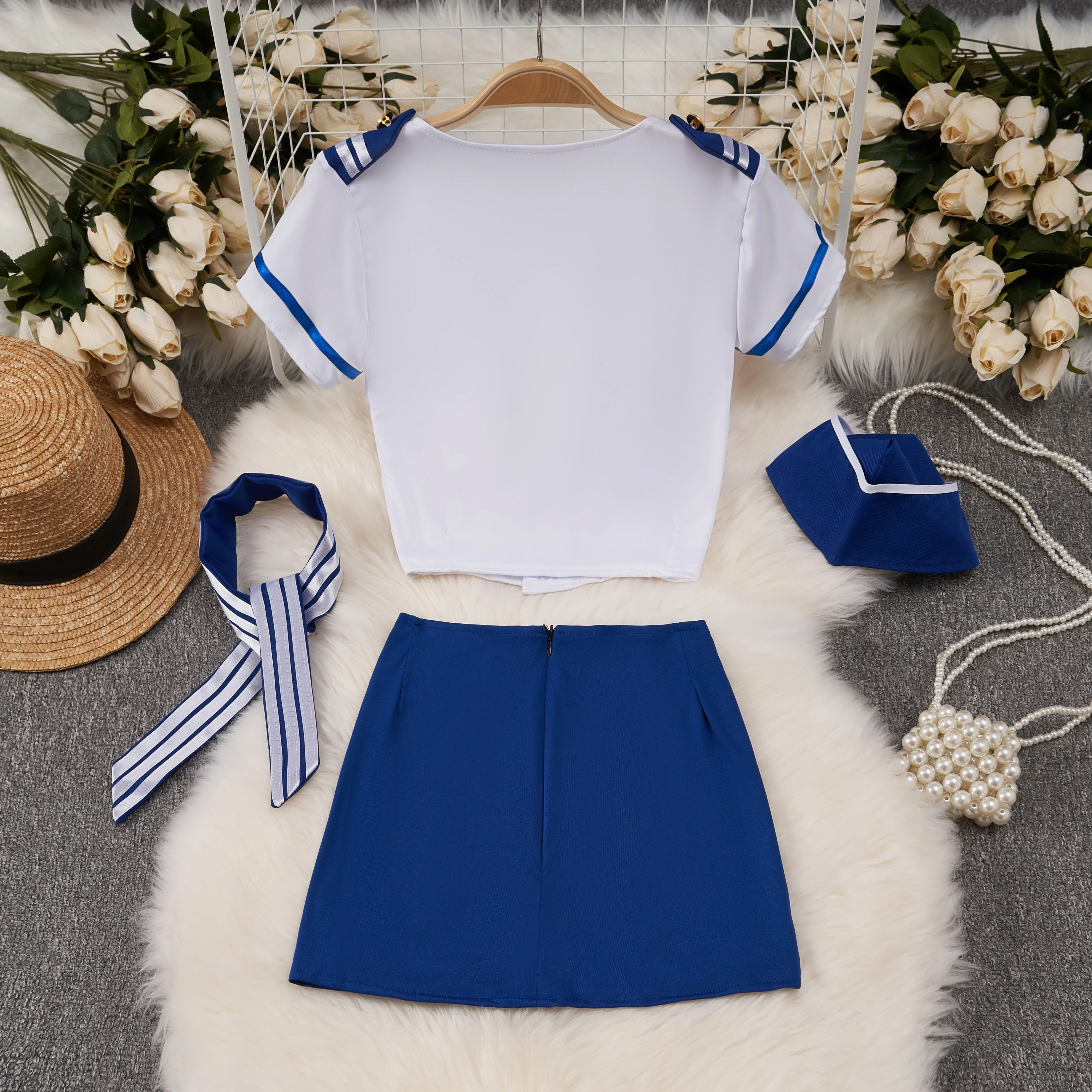 Female Sexy Sailor Officer Flight Uniform Role-playing Short Suits 4 Pieces V-neck T-shirt CropTop Blue Hip Wrap Skirt Exotic