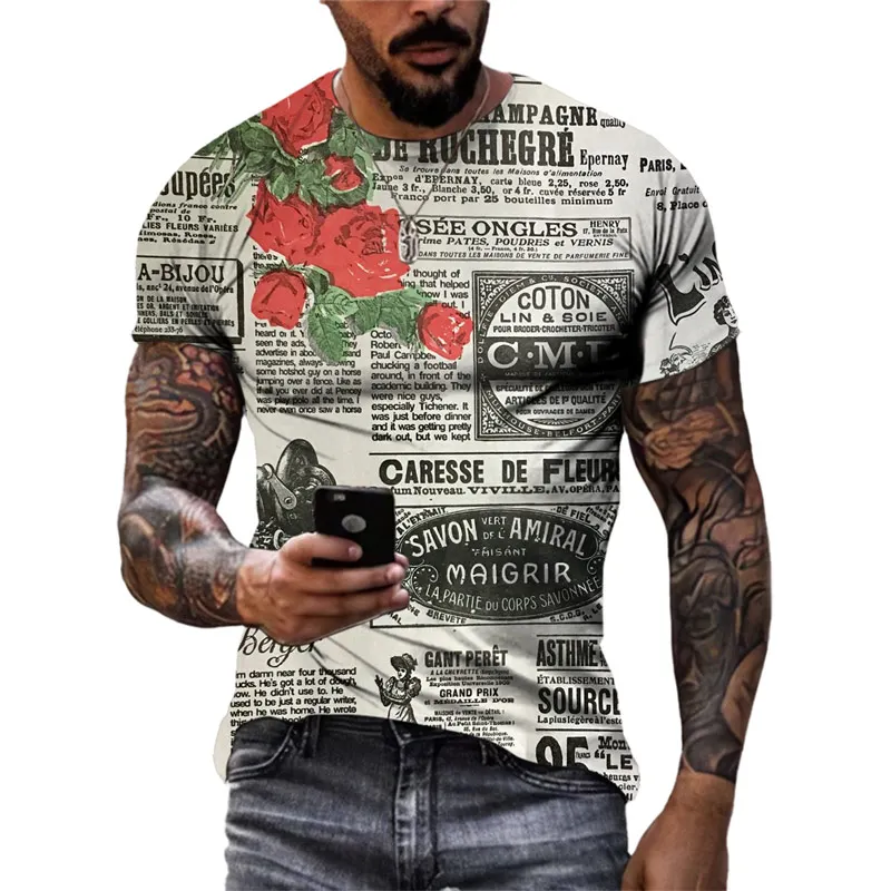 New Creative Design Retro Old Newspapers graphic t shirts Summer Fashion Men Vintage harajuku streetwear 3D Printing O-neck Tees