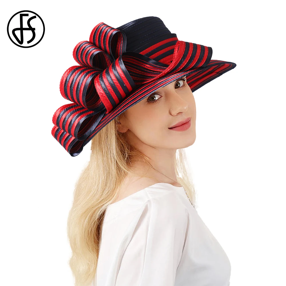 FS Navy Blue/Red Derby Hats For Women Stripe Formal Dress Satin Wedding Bridal Bowler Hat Elegant Church Cap 2024 Ascot Sombrero