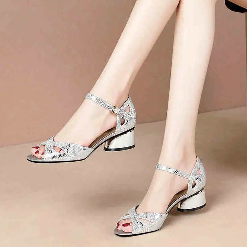 FHANCHU 2022 New Women Peep Toe Sandals,Fashion Sexy Mid Heels Summer Shoes,Ankle Buckle Strap,Hollow Out,Silver,Dropship