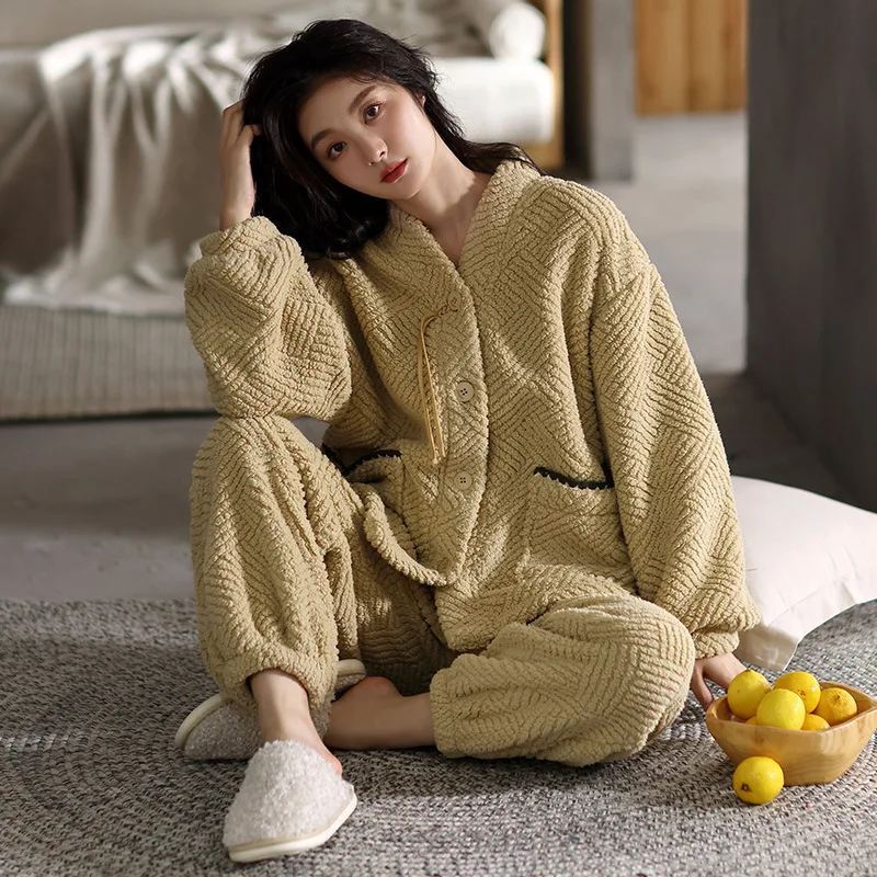 

Женские пижамы из кораллового флиса, утепленная хлопковая фланель, домашняя одежда для отдыха, сохраняющая тепло, домашняя одежда для девочек, пижама, осень-зима