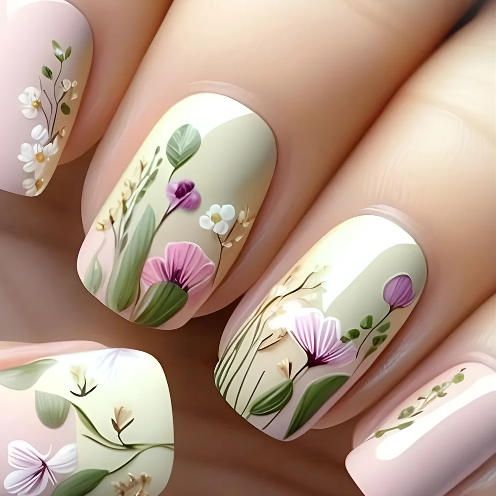 24pcs/set Floral Pattern Press-On Nail Set Mixed Color Ballet Shape Medium Length Simple Sweet Elegant Luxury Style Fake Nails