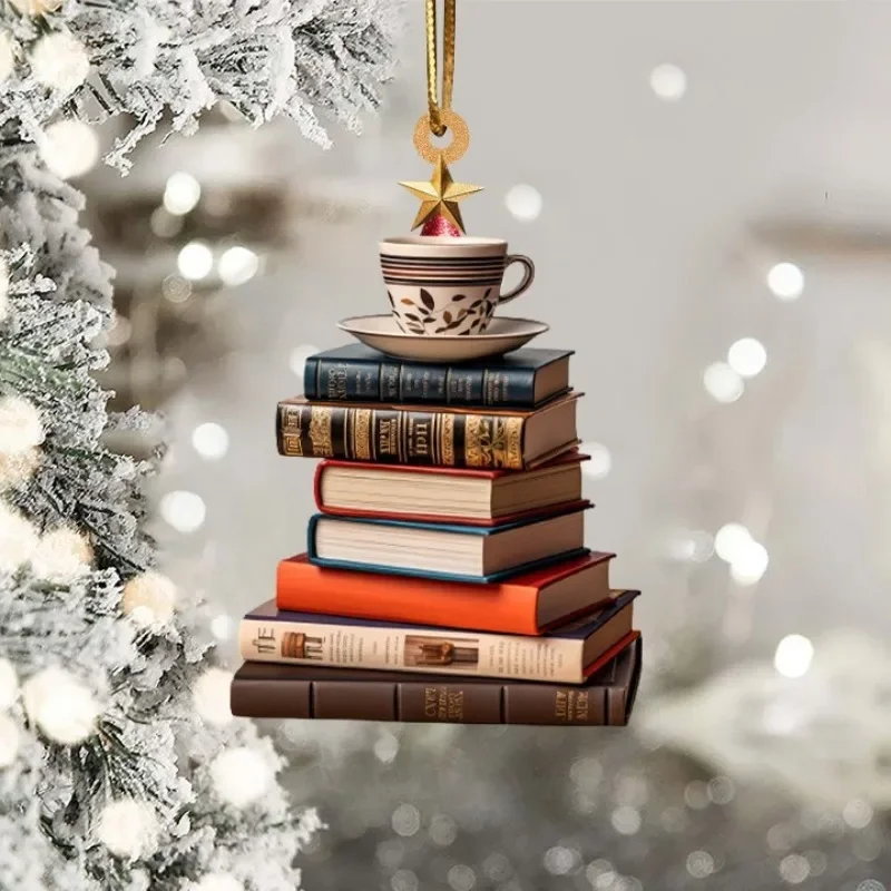 2D Acrylic Flat Printing Books Pendant Home Tree Window Hanging Decor Gift For Book Lovers Creative Book Christmas Tree Ornament