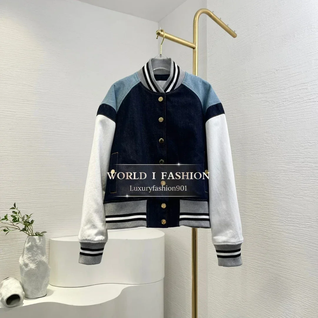 

Patchwork Denim Coat 2025 High Quality Blue Long Sleeve