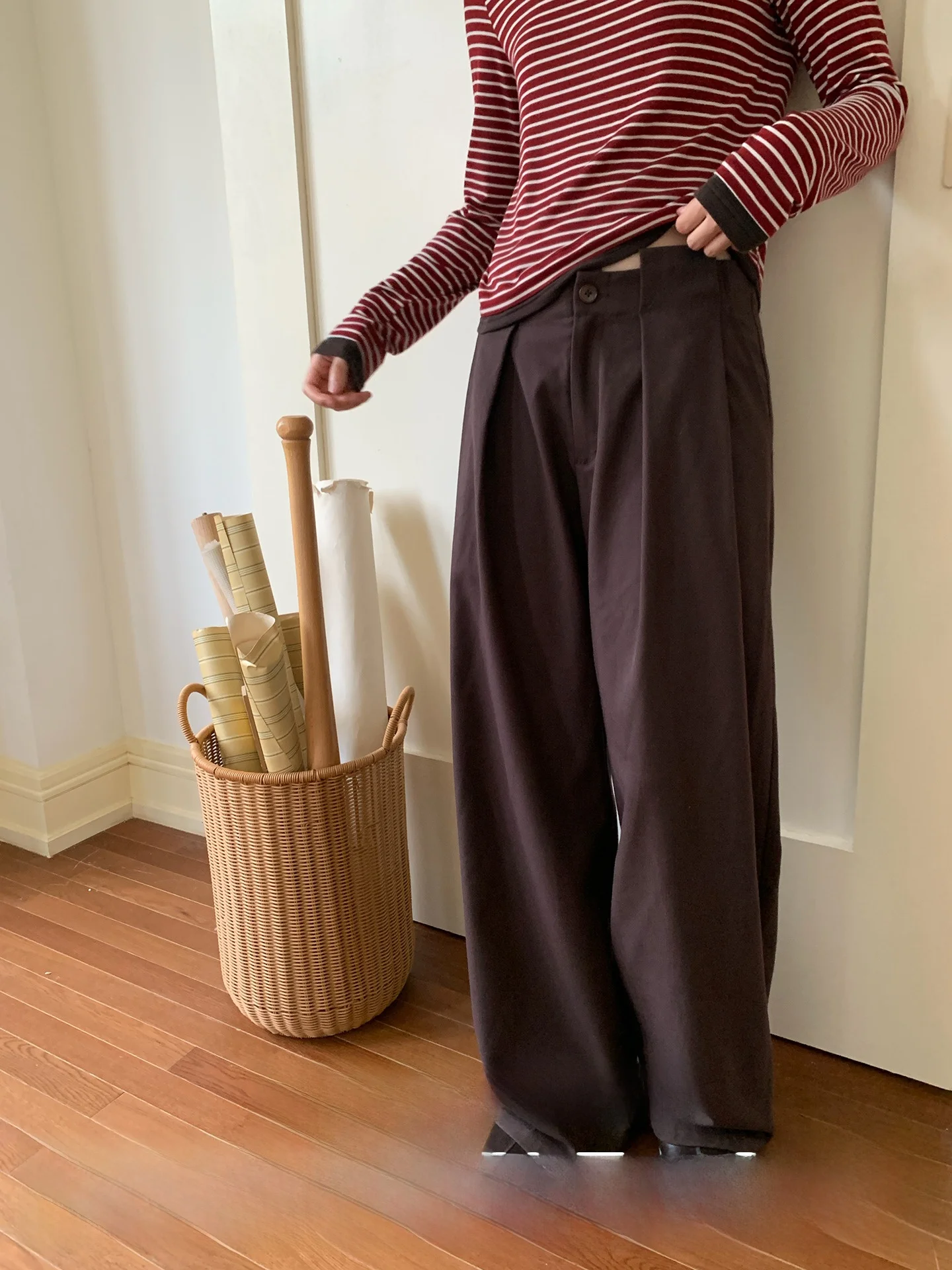 

Casual Wide Leg Wool Blend Pants Draped Che Design Pleated Detail Loose Fit Ladies' Autumn Faion Trousers