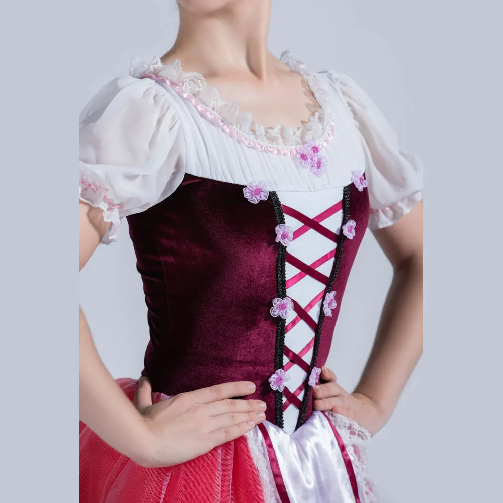20017 Adult Girls Puff Sleeves Romantic Ballet Dance Tutu Stage Performance Costume Ballet Tutu  with Red Tulle Skirt