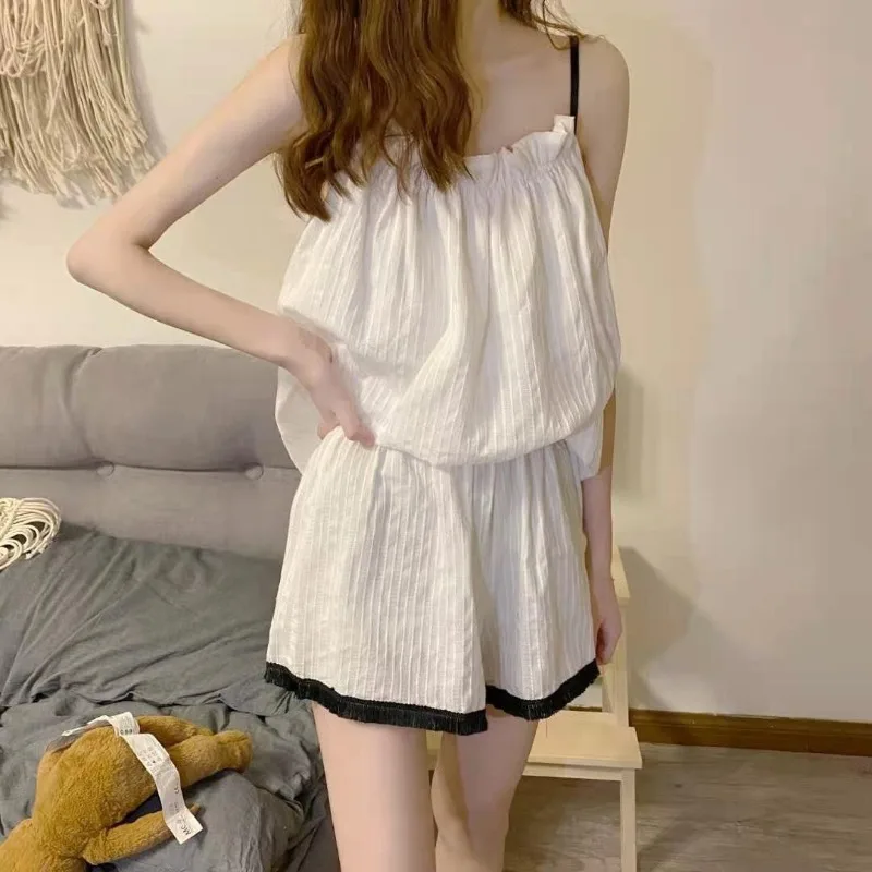 Spaghetti Strap Shorts Two-Piece Set Women Summer Pajama Set Girls Loose Home Wear Students Can Wear Outside Casual Outfit Lady