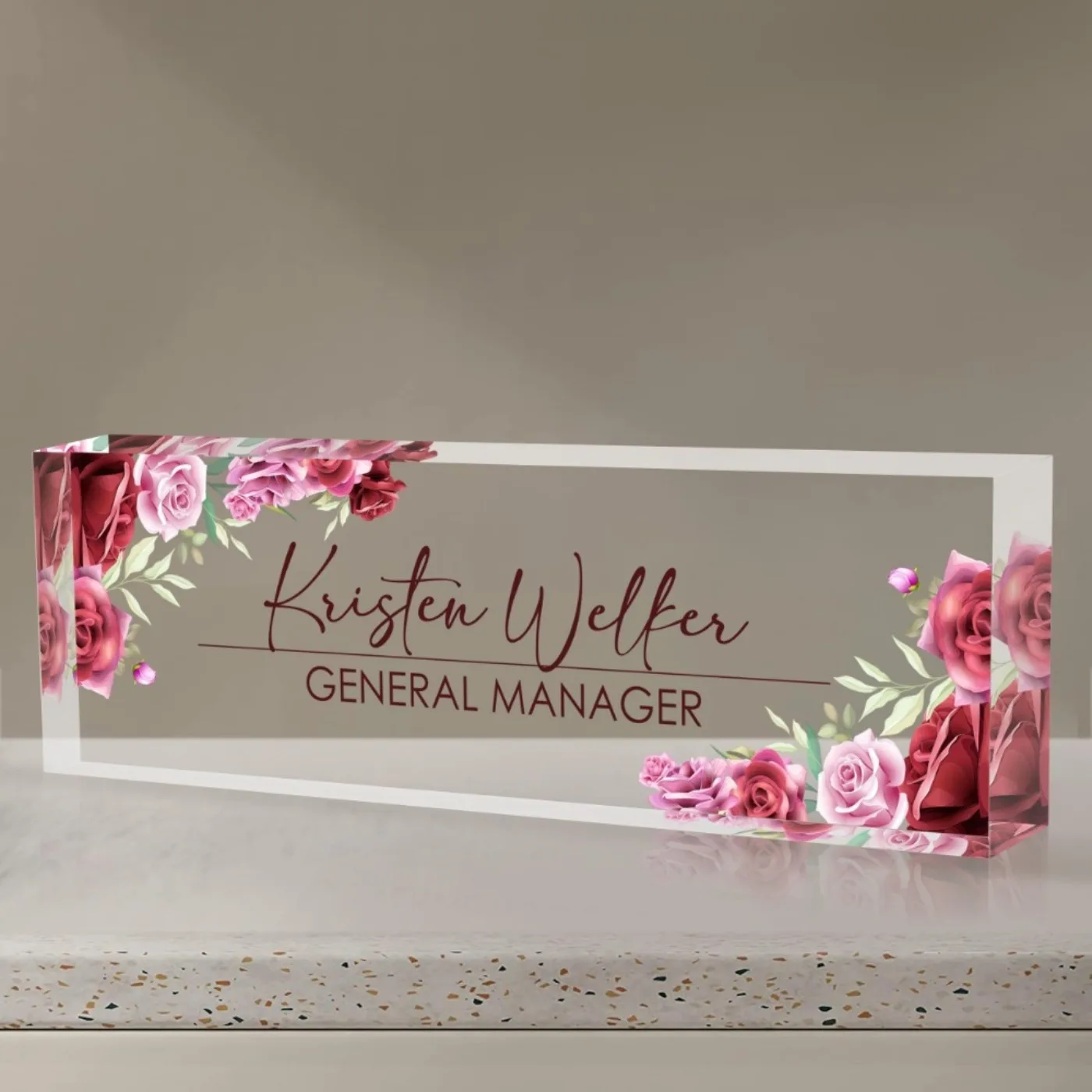 Personalisiertes Acryl-Schreibtisch-Namensschild, Rosa Blumenmuster, Staub- und Wasserfest, Wohndekoration, Ideales Geschenk (Nur Dekoration)