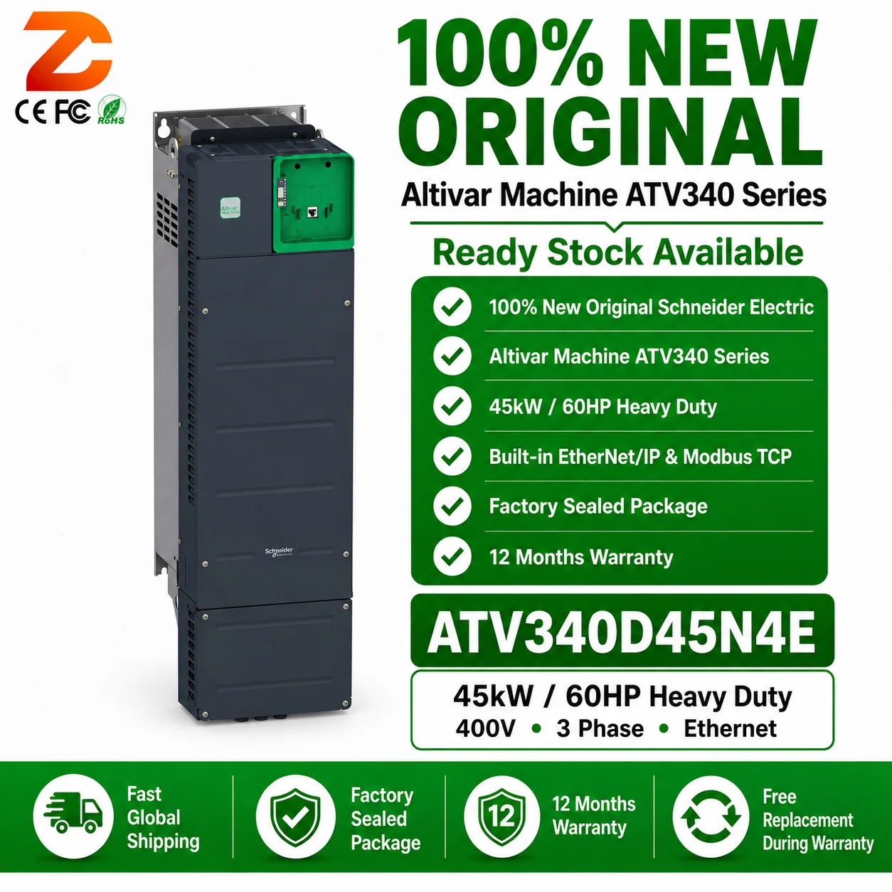 New Original  ATV340D45N4E Variable Frequency Drive 45kW 60HP 380-480V Motion Control Packaging Machine Ethernet VFD