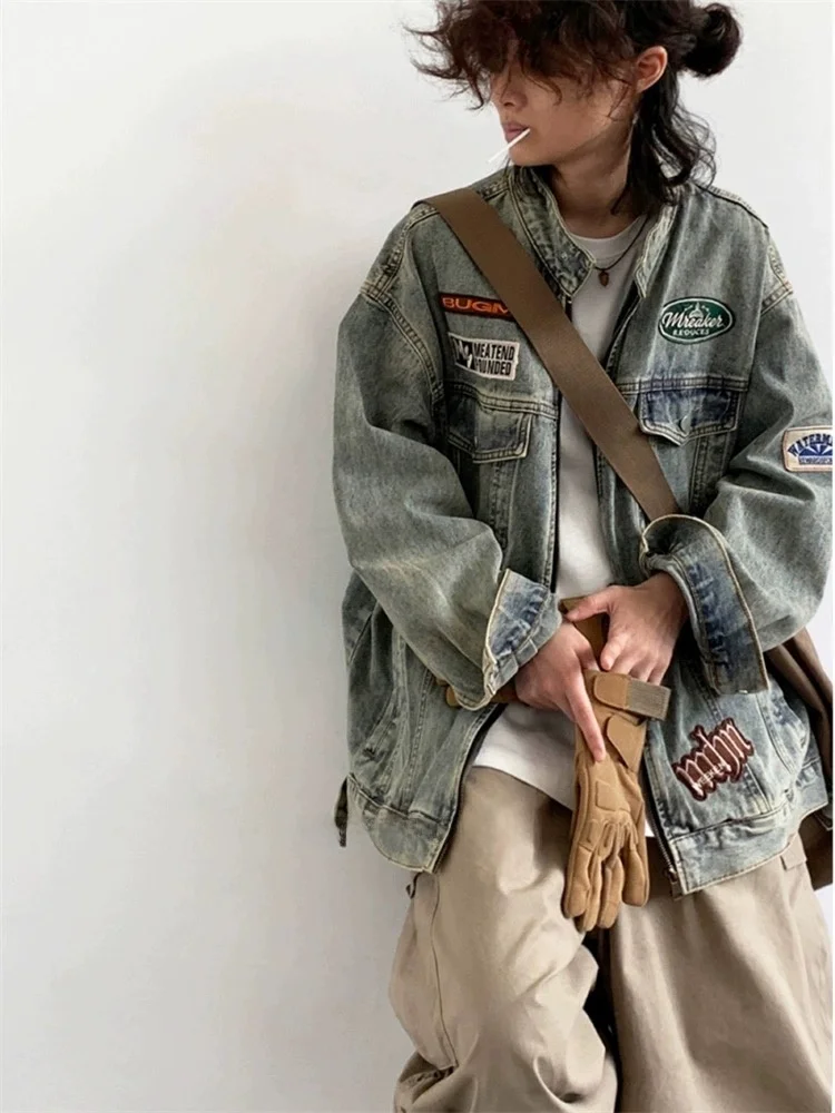 

Ретро-куртка из американского денима, весенне-осенняя, модная, свободного кроя, в стиле мотоциклетной рабочей одежды, молодежная, однотонная, на молнии