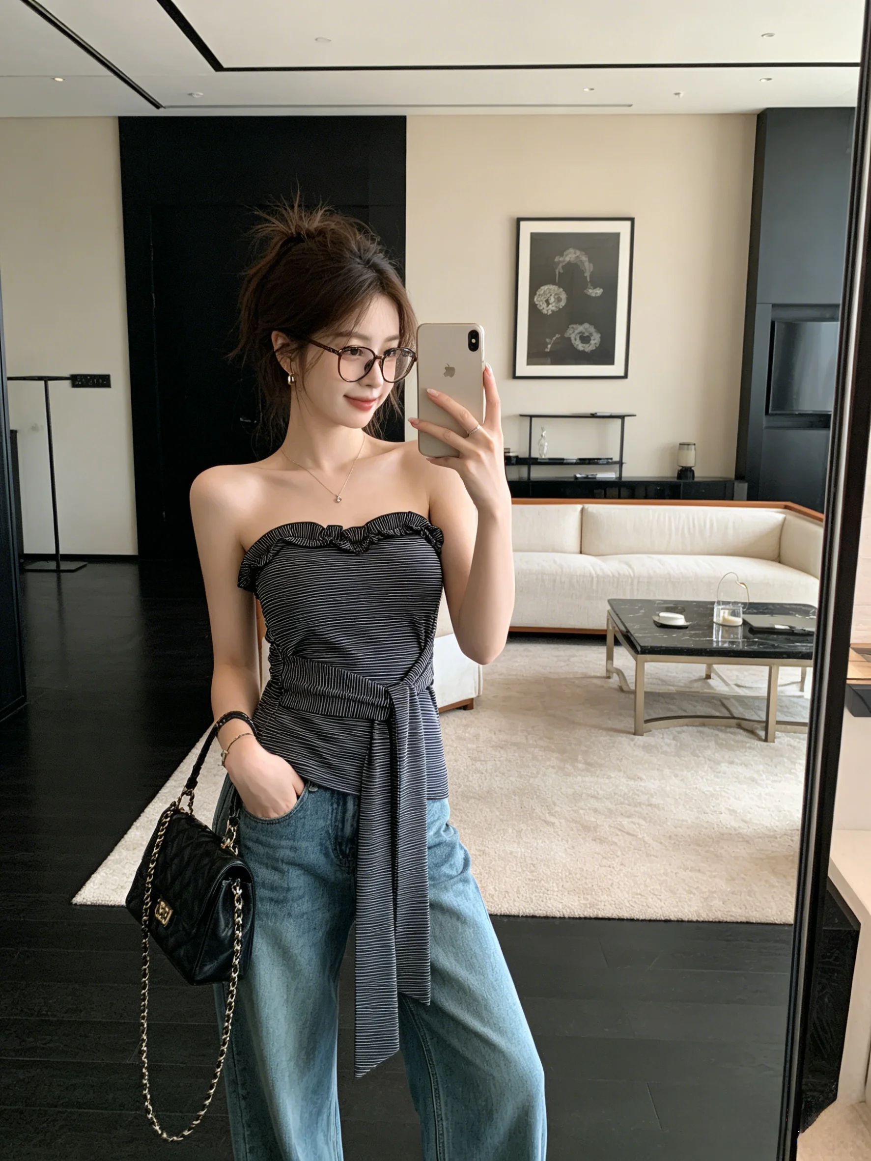 

Полосатый топ-бюстье для похудения с поясом в корейском стиле, летний топ с цветочным декором и открытой спиной для молодых женщин до 25 лет