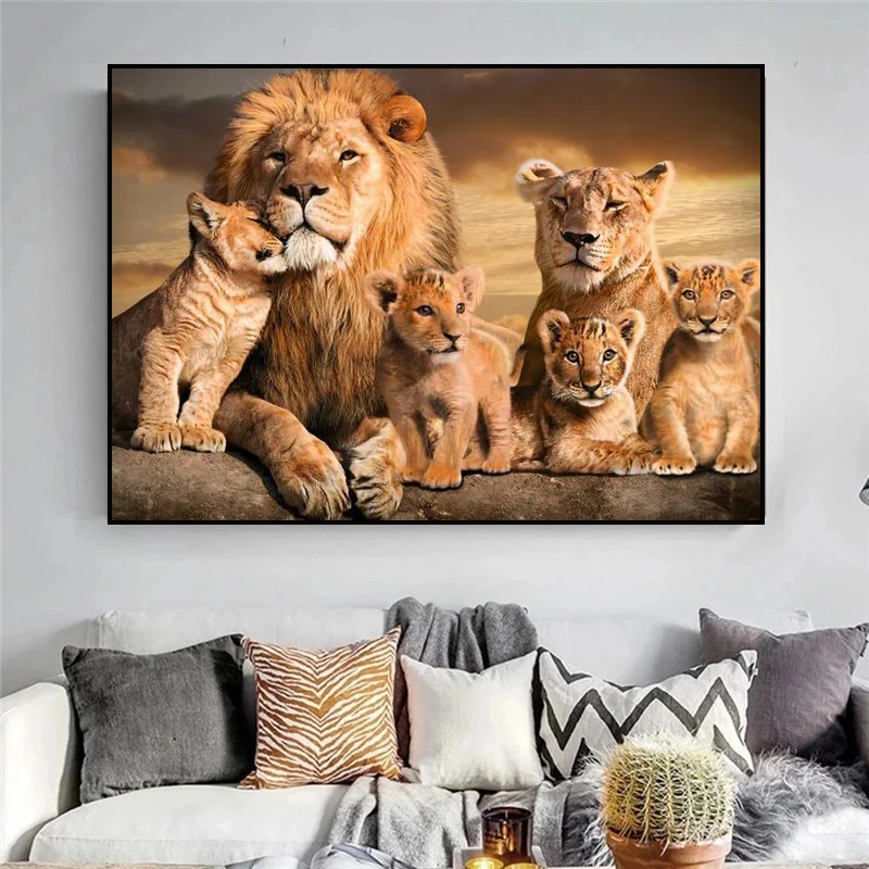 Modern Animal Art Lion Lioness with Baby Lions Canvas Painting Wall Poster Prints Pictures for Living Room Home Decor