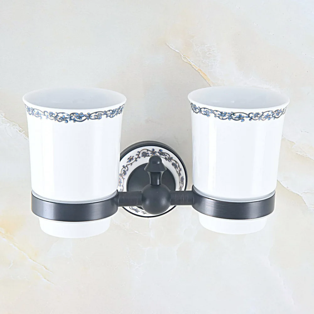 

Black Oil Rubbed Brass Bathroom Accessories Toothbrush Holder Set Wall Mounted Double Ceramic Cup Holders tba761