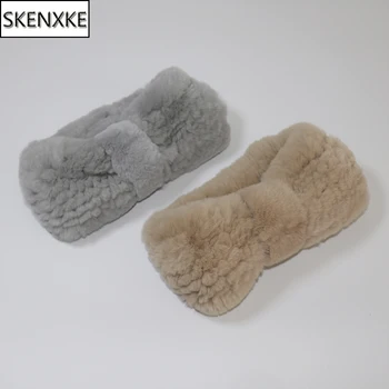 النساء الفاخرة الشتاء 100% ريكس الأرنب الفراء وشاح محبوك رباط رأس مطاطي جودة عالية ريال الفراء رباط شعر موضة إكسسوارات الشعر