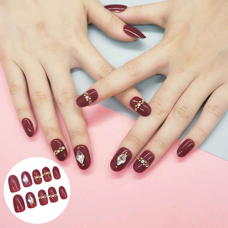 

Red Handmade Press-on Nails Set Heart With Pearl Design Short Elegant Sweet Style Full Cover Nail Tips For Women And Girls