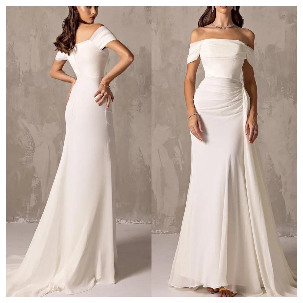 Robe de soirée en mousseline de soie blanche, personnalisée, Simple, mode, col bateau, épaules dénudées, sans manches, robes de célébrité modernes