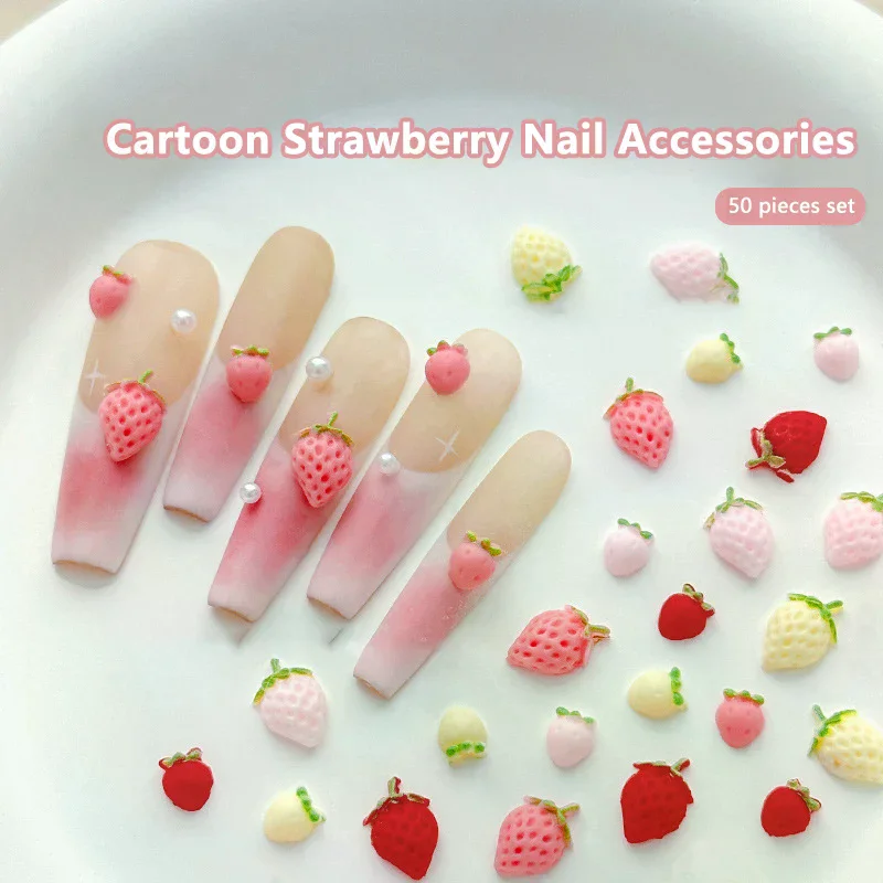 50pcs Charm Sweet Strawberry Nail S 3d Resin Cartoon Fruits Rhinestones Decorations Parts Diy Summer Art Accessories