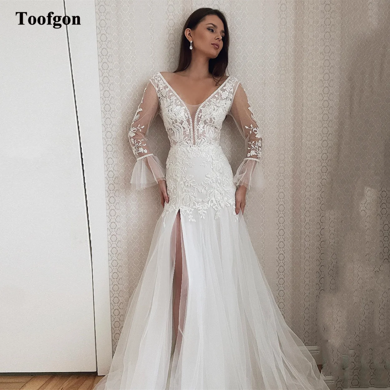 Toofgon Elegant Tulle Lace Boho Wedding Dresses Long Sleeves V-Neck Split Beach Bridal Gowns Women Formal Bride Party Dress