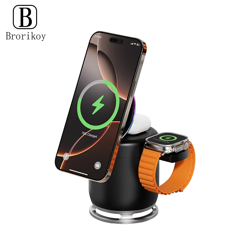 

Беспроводное зарядное устройство Qi2 с динамиком, 15 Вт, складная магнитная зарядная станция 3-в-1, портативная настольная подставка, совместима со смартфонами и наушниками