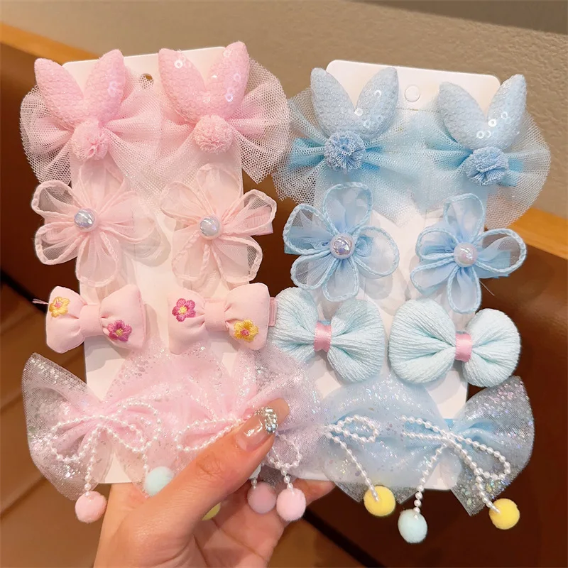 8Pcs/Set Korean Flower Children\'s Hairpin Princess Little Girl Mesh Bow Broken Hair Clips Sweet Cute Kids Barrettes Headdress