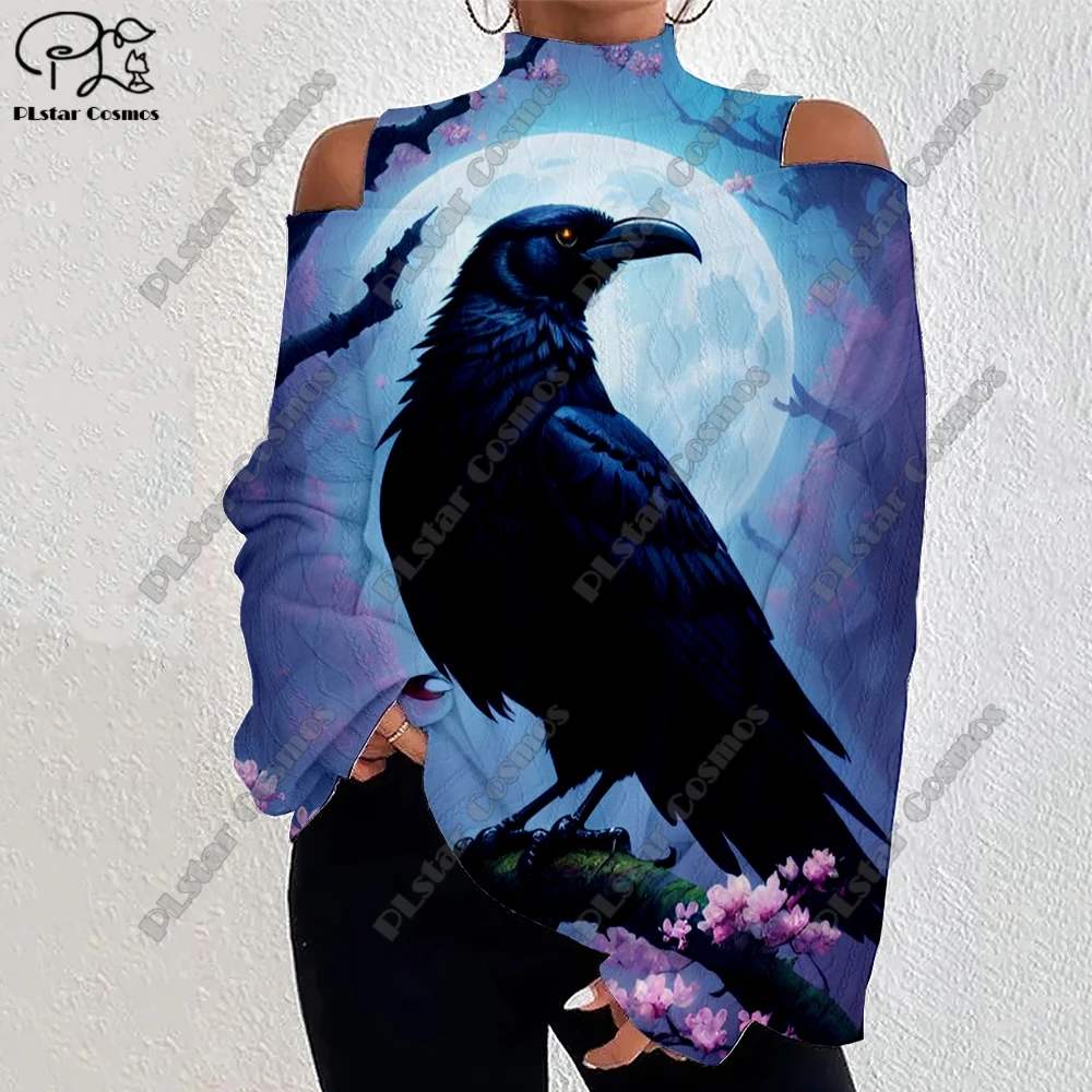 3D Printed Halloween Horror Death Skeleton Crow Owl Pattern Women's Lantern Sleeve Off Shoulder Textured Casual Long Sleeve w-6