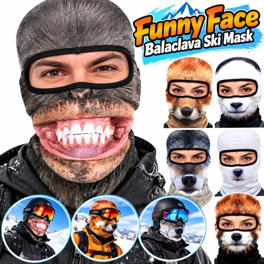 3D Printed Animal Pattern Funny Ski Mask Breathable Eye Hole Full Coverage Ski Mask Hood Sweat Absorbent Windproof Neck Gaiter