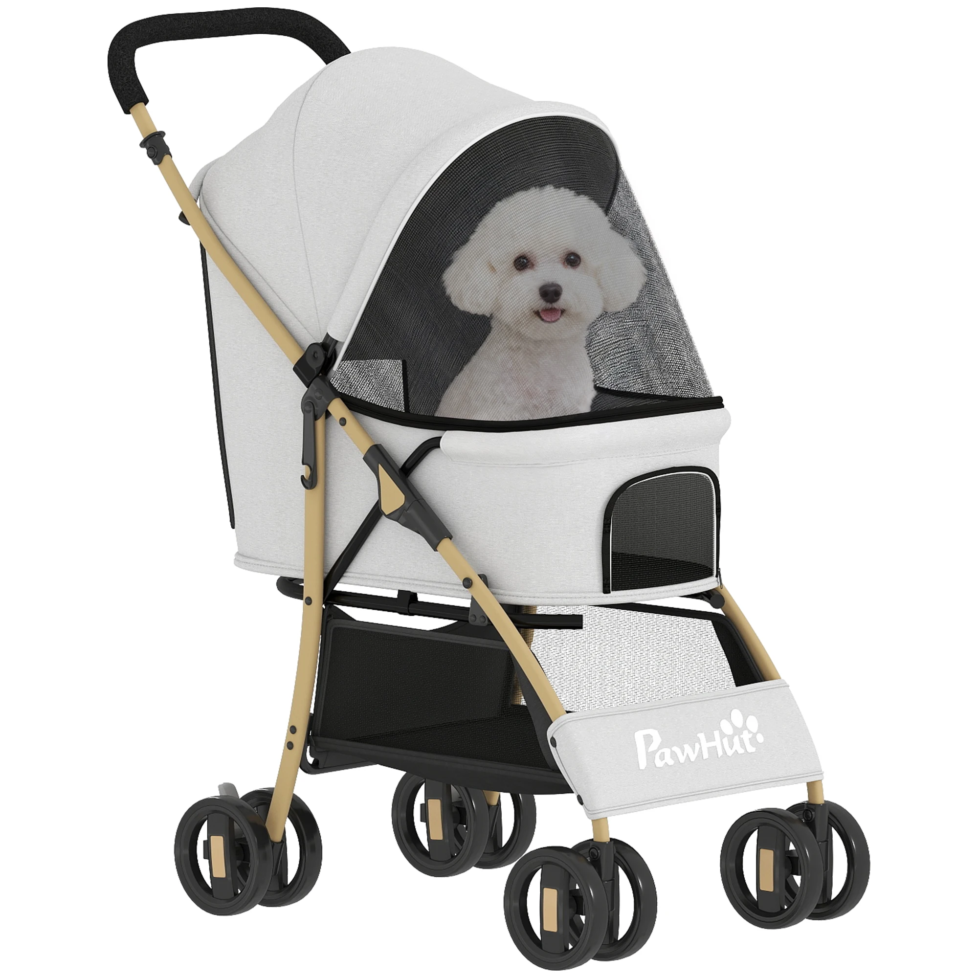 PawHut Carrito para Mascotas con 2 Puertas Ventana de Malla Cesta de Almacenamiento Cuerda de Seguridad 80x44,5x97 cm Gris Claro