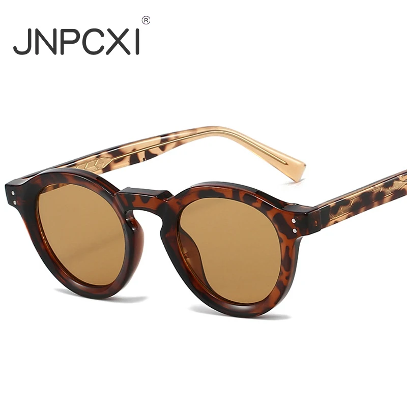 JNPCXI New Round TR90 Leopard Contrast Color Women Sunglasses Retro Rivets Punk Men Sun Glasses Shades UV400