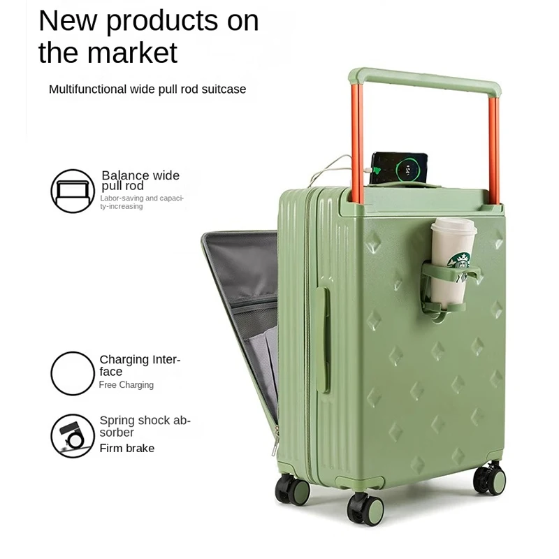 2024 New Wide Trolley Suitcase Women's 20 Inch Carry-On Case Front Opening Computer Compartment Password Charging Luggage 24"