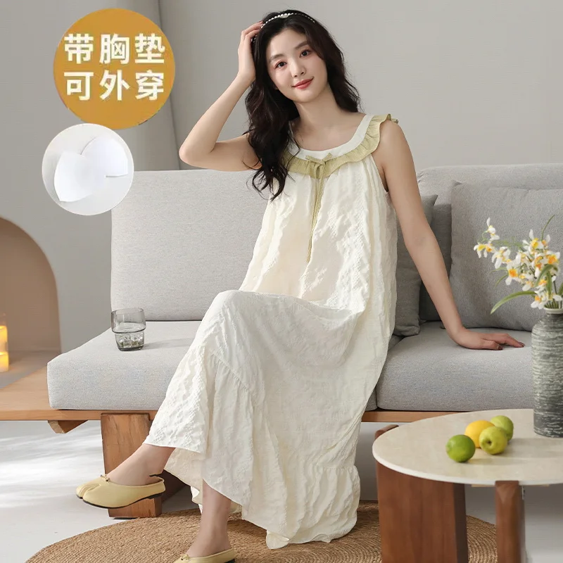 Nightdress with bra pad integrated suspender nightwear women's summer pajamas summer dress cute midi length Sleepwear Dropship