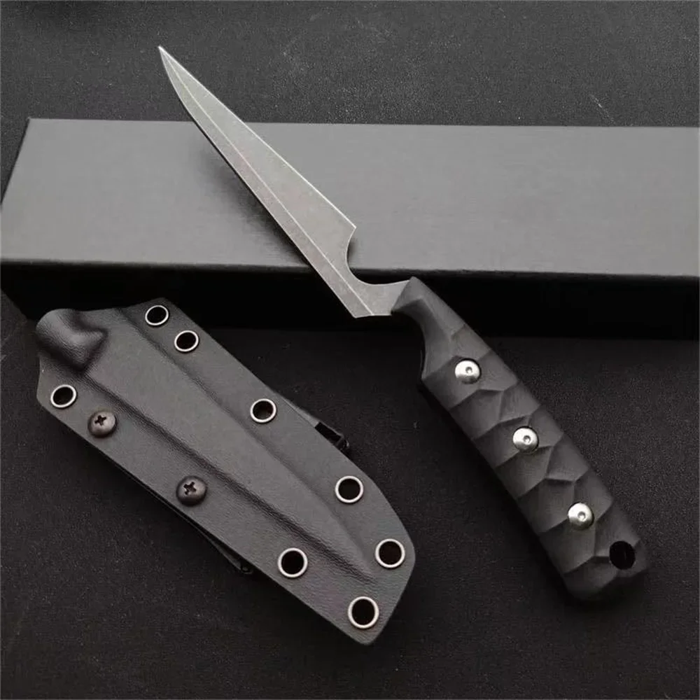 Classics Portable Utility Fixed Blade Knife Stonewashed 1070 Steel Blade G10 Handle with K Sheath Tactical Camping Hunting Tool