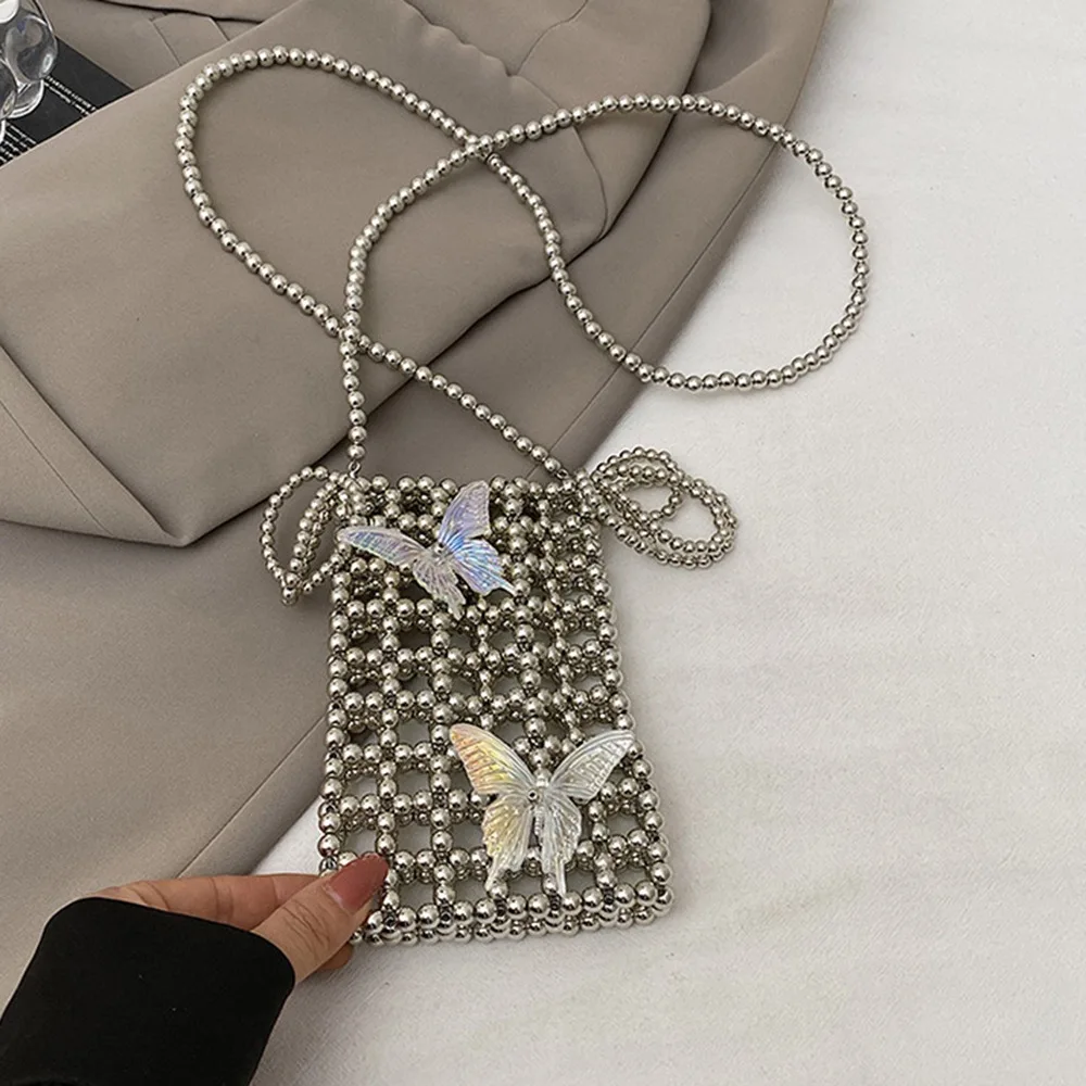 خمر لامعة حقيبة مربعة صغيرة المنسوجة فراشة مطرز حقيبة كتف الفضة اليدوية Crossbody الهاتف الحقيبة عطلة