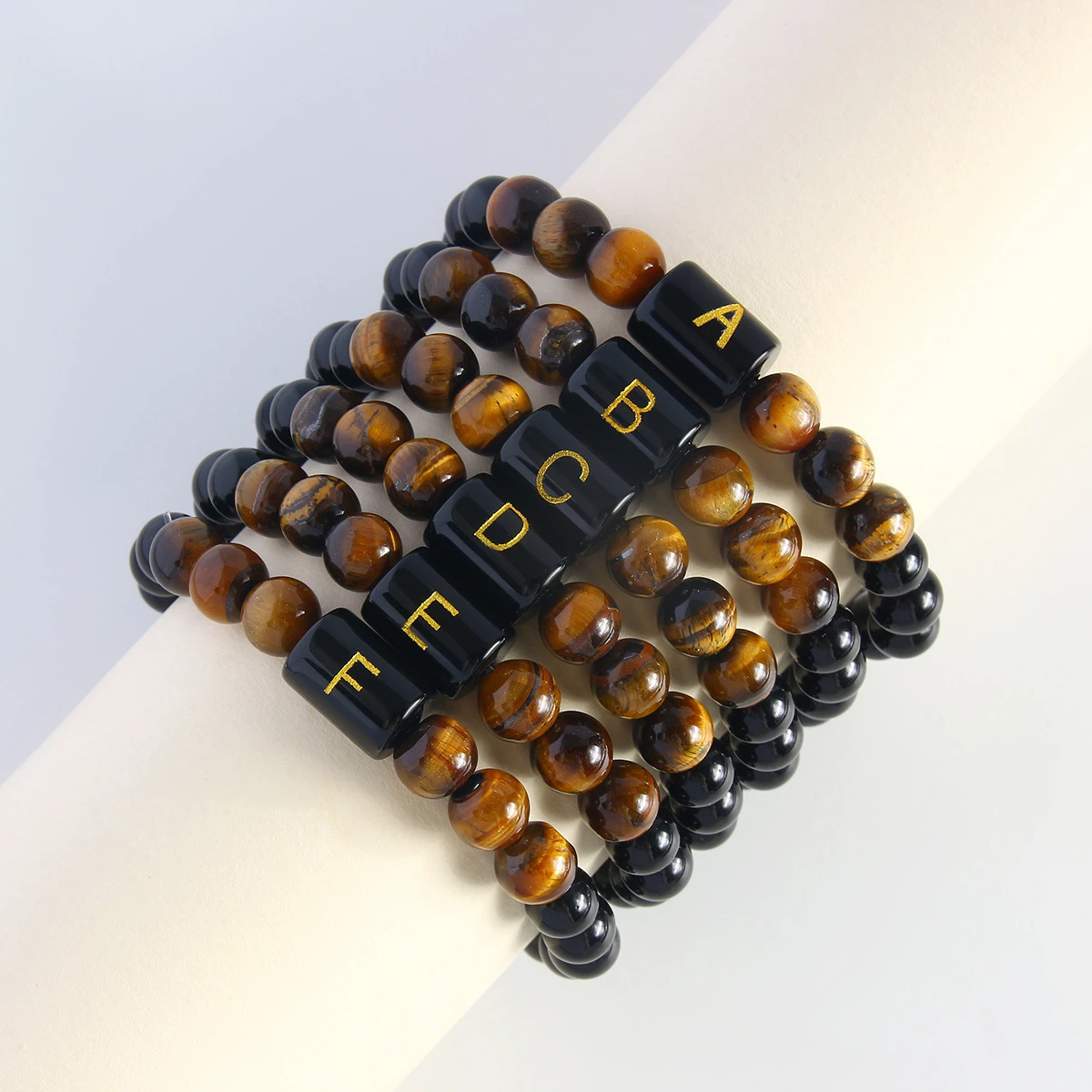 OUYADI 10PCS Natural Tiger‑Eye Stone Initial Letter Bracelet 26 Alphabet Option Unisex Elastic Beaded Wrist Jewelry Holiday Gift