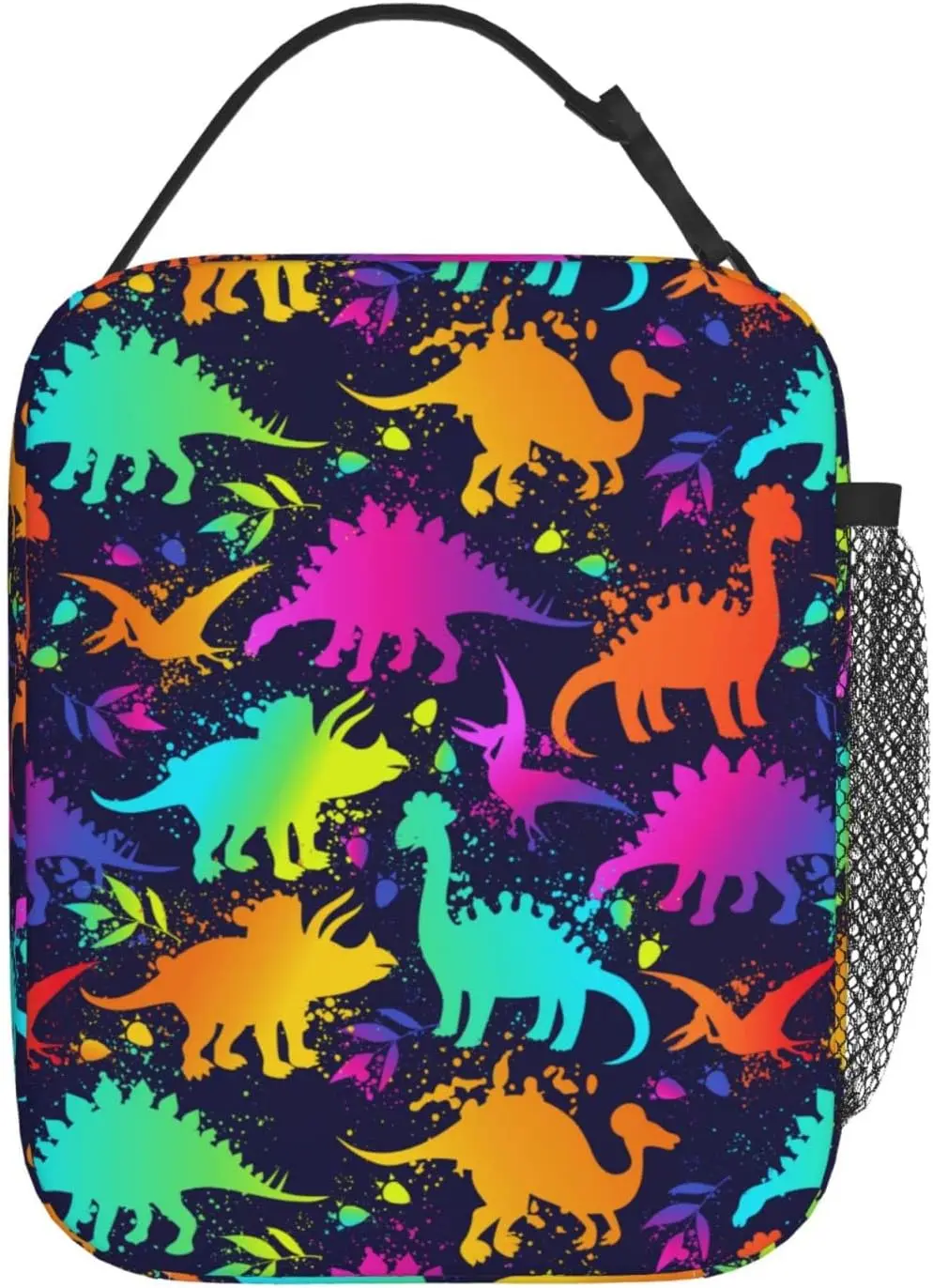 Funny Colorful Dinosaur In Neon Splashes Lunch Bag, Insulated Reusable Soft Lunch Bag, Portable Thermal Meal Cooler Totes