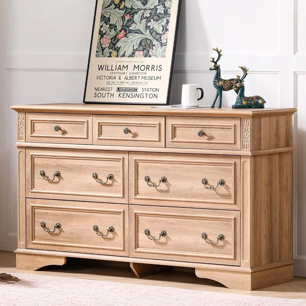 

7-Drawer Bedroom Storage Cabinet, 55 Wide, Suitable for Living Room, Closet, Hallway, Natural Finish