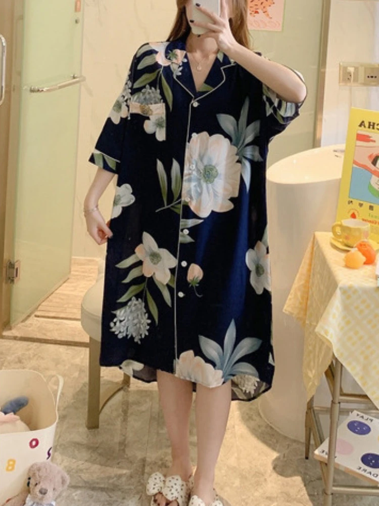 Baggy Nightgowns Women Summer Print Sleepwear Gentle Soft Breathable Korean Fashion Aesthetic Clothes All-match Home Wear Mujer