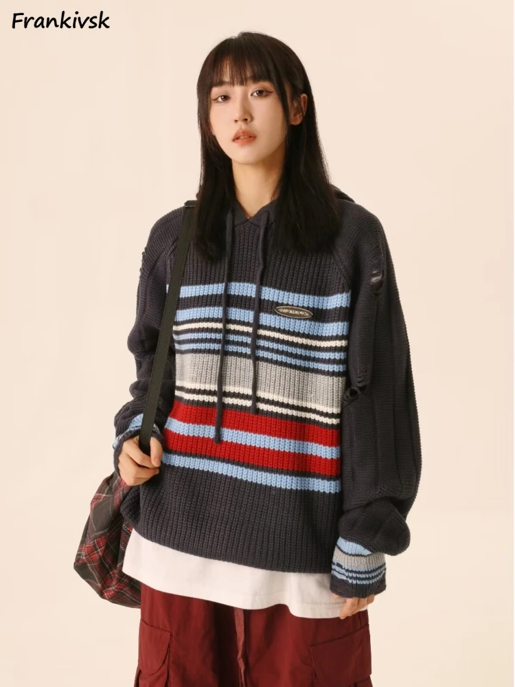 

Striped Sweaters Women Unisex Contrast Color All-match Hooded American Retro Preppy Style Couple Knitwear Autumn Aesthetic Daily