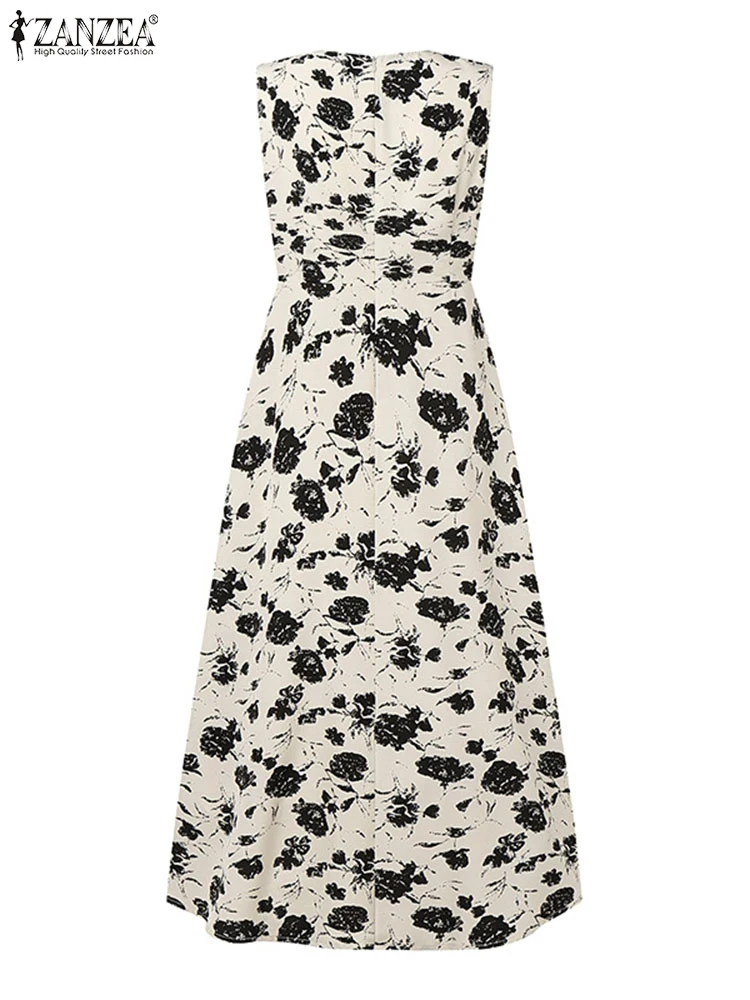 2025 ZANZEA 보헤미안 여성 꽃 프린트 여름 드레스 민소매 맥시 Sundress 캐주얼 빈티지 Pleated 파티 비치 롱 Vestidos