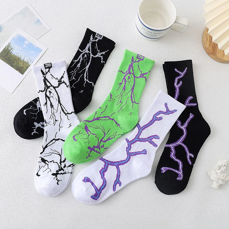 

Korean Style Skateboard Long Socks Creative Fun Lightning Hip Hop Style Socks Unisex Street Funny Happy Couple Socks