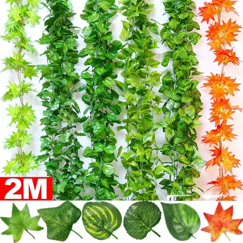 

2M Artificial Plant Green Ivy Leaf Garland Fake Plant Creeper Hanging Vine Outdoor DIY Garden Wall Wedding Party Home Decor