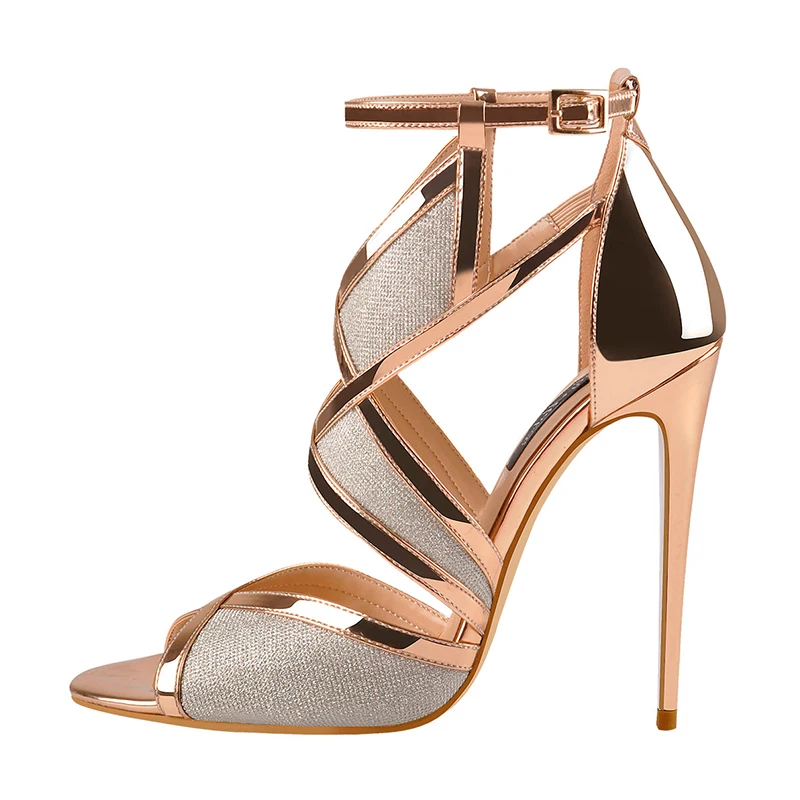 

Champagne Gold Metallic Luster Glitter Cutout High Heel Women Cross Strap Sandal Patchwork Buckle Ankle Strap Fashion Prom Shoes