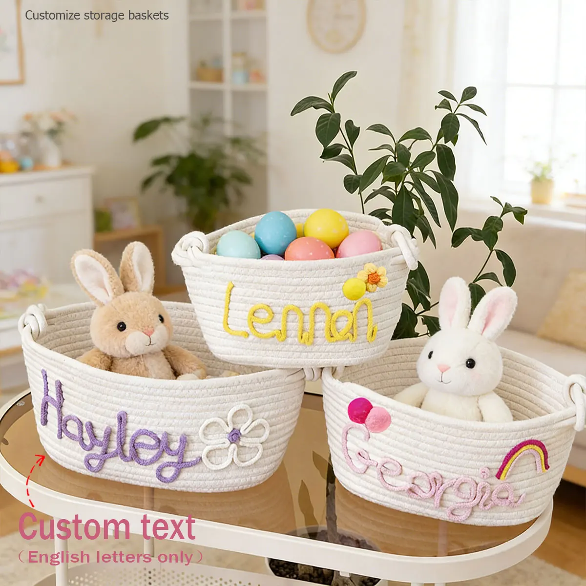 

Персонализированная корзина для хранения, корзина с именем на заказ, хранилище игрушек, корзина из хлопчатобумажной веревки в подарок, красочный подарок с именем письма, пасхальные финики
