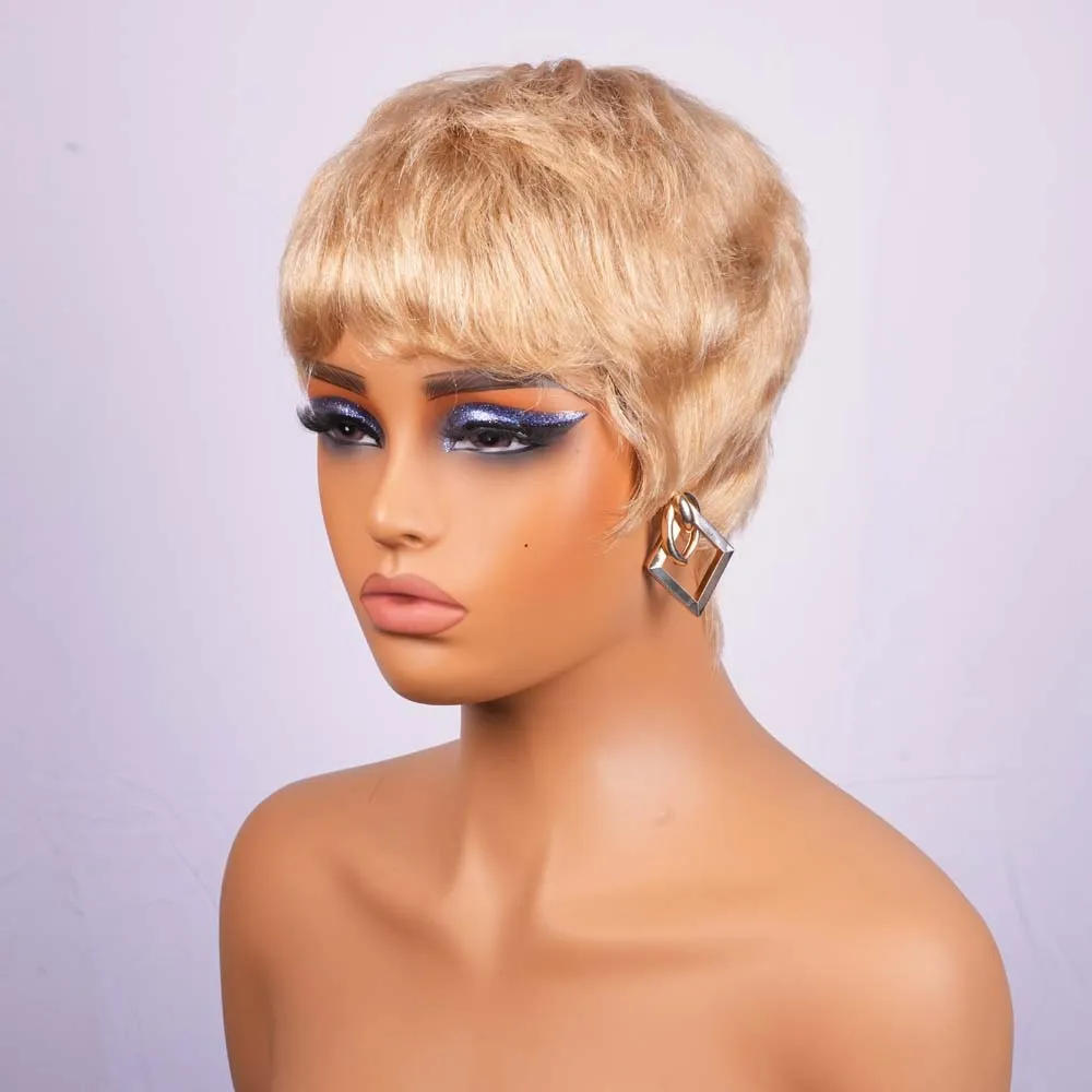 شعر مستعار قصير بقص عابث مع غرة، شعر بشري بوب أشقر مستقيم، شعر مستعار مصنوع آليًا للنساء ذوات البشرة السمراء