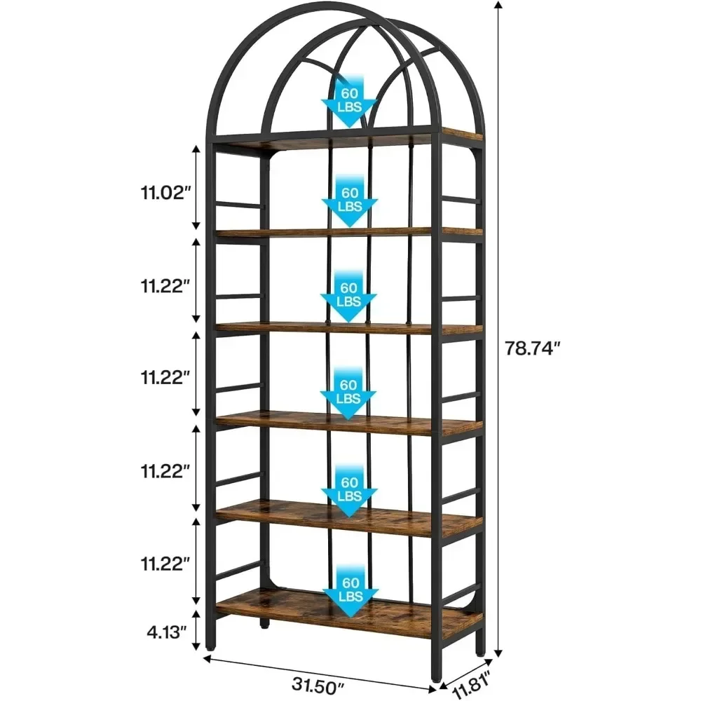 Bookshelf Set of 2, 6-Tier Tall Arched Bookshelves, Free Standing Storage Shelving Unit for Home Office, Living Room and Bedroom