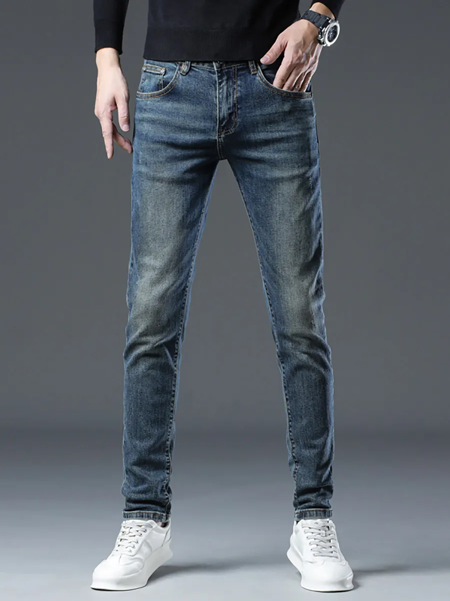 

Мужские джинсы из синего денима в стиле ретро, легкие, роскошные, облегающие, эластичные, высококачественные, повседневные, длинные брюки, осенне-зимняя мода, городской стиль