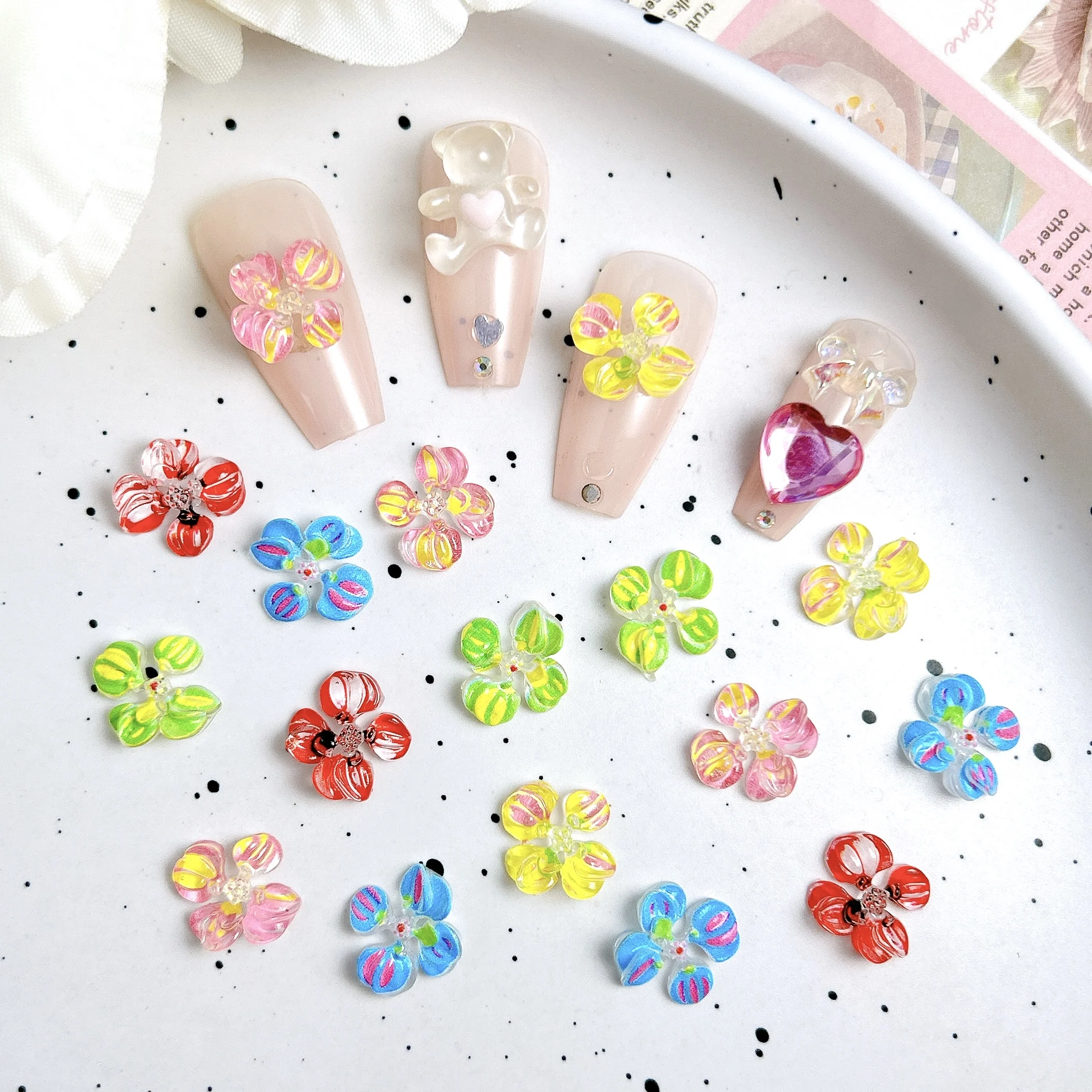 20PCS Innovative Funny Painted Blossoms Resin Nail Charms Colorful Ice Transparent Four-petal Flowers Nail Art Decorations DIY