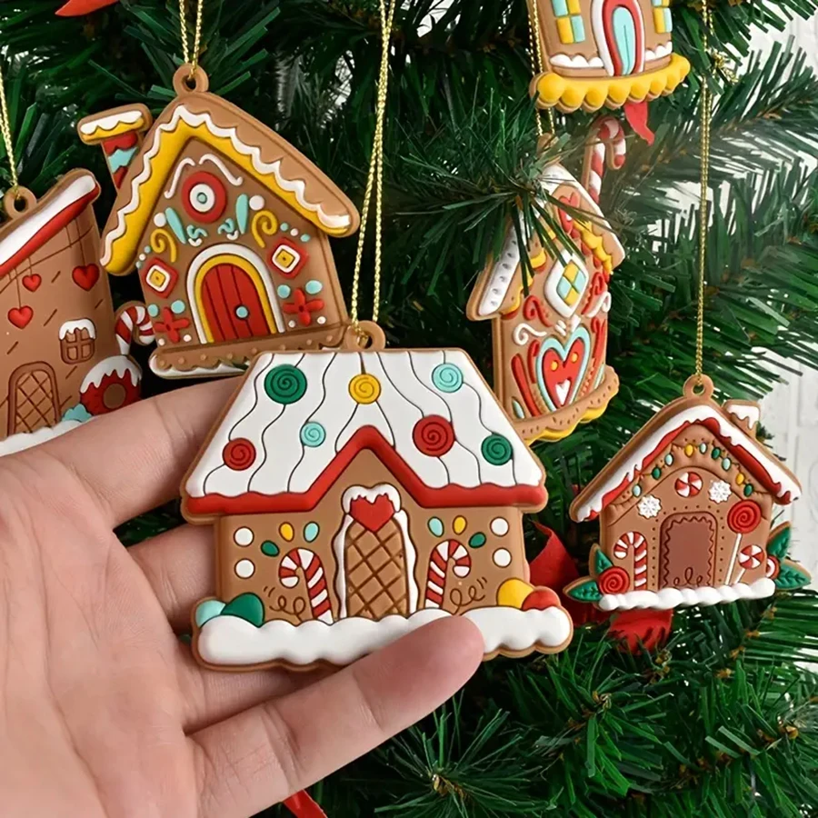 6 unids/set Casa de pan de jengibre colgantes árbol de Navidad adorno colgante 2024 Noel Navidad decoración del hogar regalo de Año Nuevo 2025