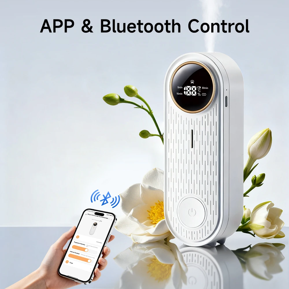 Diffusore di oli essenziali con controllo APP, diffusore di aromi (spuntamento automatico, montabile a parete da tavolo) per ufficio domestico, con liquido di ricarica