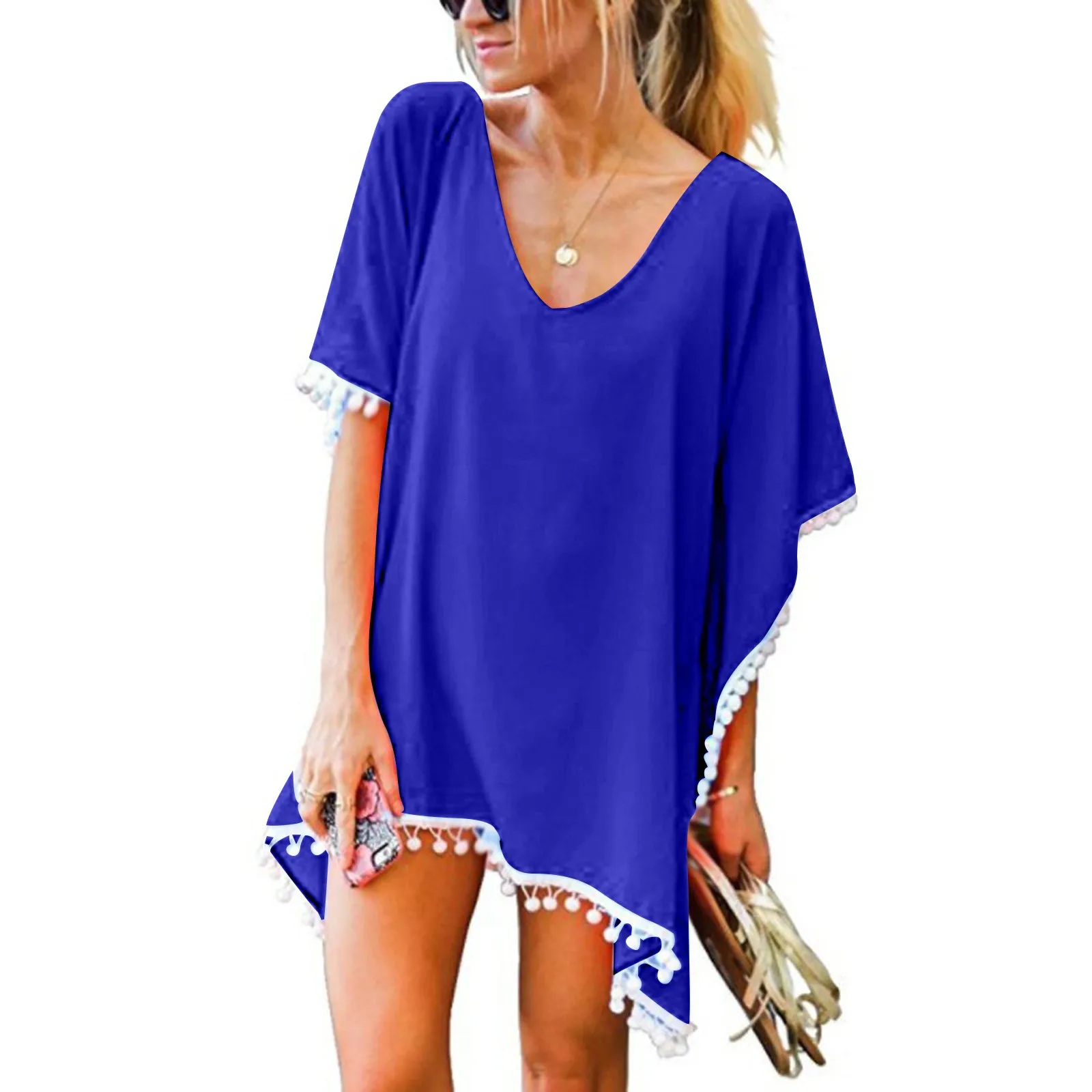 Plus Size Swimsuit For Women Solid Two Piece Trim Kaftan Chiffon Tassels Swimwear Beach Loose Bikini Cover Up Tops Bikinis 2023